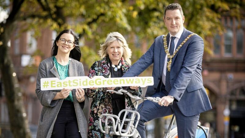 Michele Bryans and Anne McMurray of of EastSide Greenways, and Belfast lord mayor John Finucane 