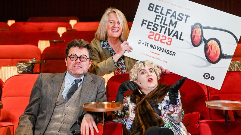 L-R Stephen Beggs (dressed as Barton Fink), Festival Chief Executive Michele Devlin, and Rachael McCabe (dressed as Norma Desmond from Sunset Boulevard)