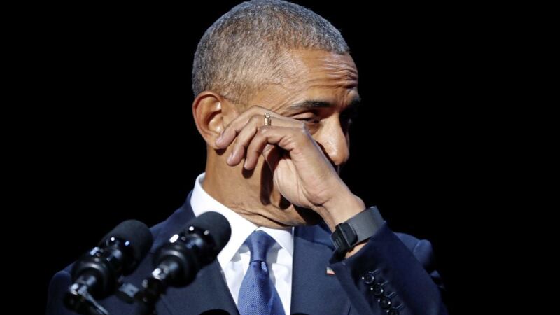 President Obama wipes away tears while speaking during his farewell address at McCormick Place in Chicago. Picture by Pablo Martinez Monsivais, Associated Press 