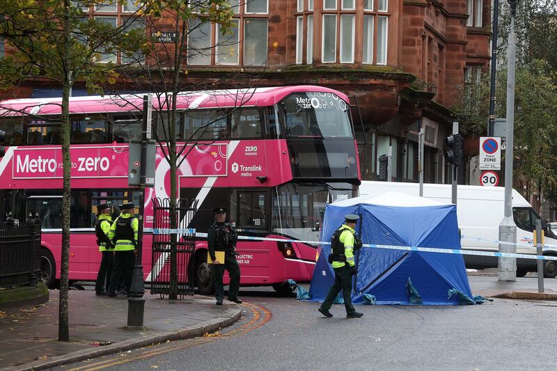 The scene of the incident involving a bus in Donegall Square West. Picture by Mal McCann