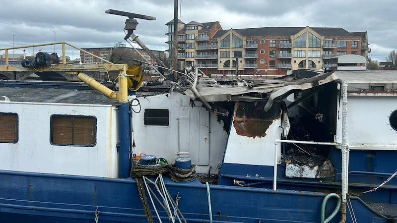 Fire caused damage to the Belfast Barge vessel at Lanyon Quay on Thursday. PICTURE: BELFAST BARGE/FACEBOOK