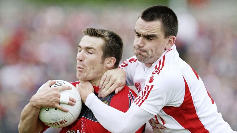 Tyrone&#39;s Ryan McMenamin gets to grips with Down&#39;s Ronan Murtagh during the 2008 Ulster replay in Newry. Murtagh suffered serious facial injuries in his last game for Ballyholland seniors 