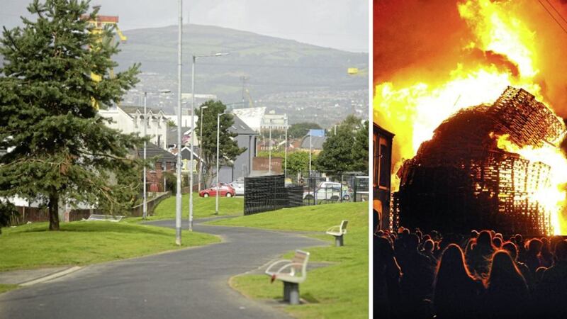 Bloomfield Walkway in east Belfast, and right, a towering Eleventh Night bonfire on the walkway in 2015 which led to residents being evacuated from their homes 