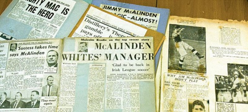 HISTORIC CLIPPINGS: Newspaper cuttings which were collected by Jimmy McAlinden&rsquo;s family, detailing his career as a player and manager&nbsp;