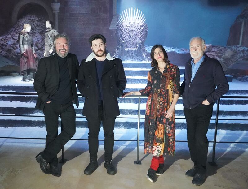 Left to right, cast members Ian Beattie, Daniel Portman, Natalia Tena and Ian McElhinney pose for photos during a preview day of the Game Of Thrones Studio Tour at the Linen Mill Studios in Banbridge, Northern Ireland 