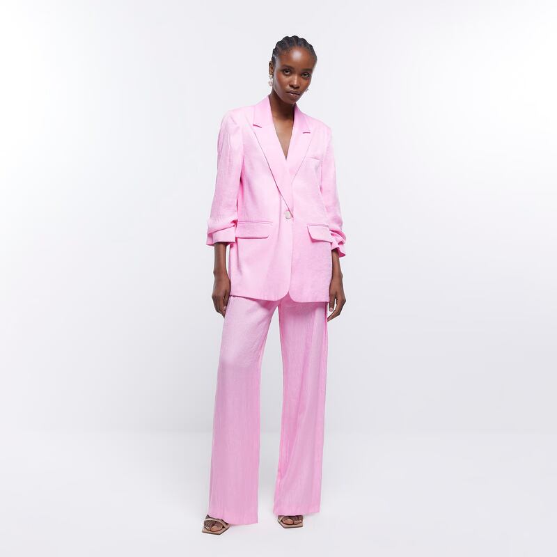 River Island Pink Ruched Sleeve Blazer; Pink Wide Leg Pleat Trousers