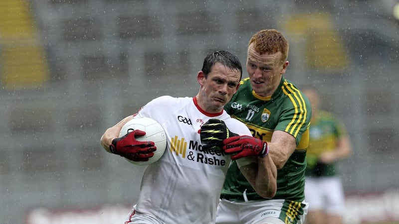 Tyrone&#39;s Aidan McCrory and Kerry&#39;s Johnny Buckley during the All-Ireland Senior Football Championship semi-final at Croke Park, Dublin on Saturday August 22 2015. Picture by Philip Walsh. 