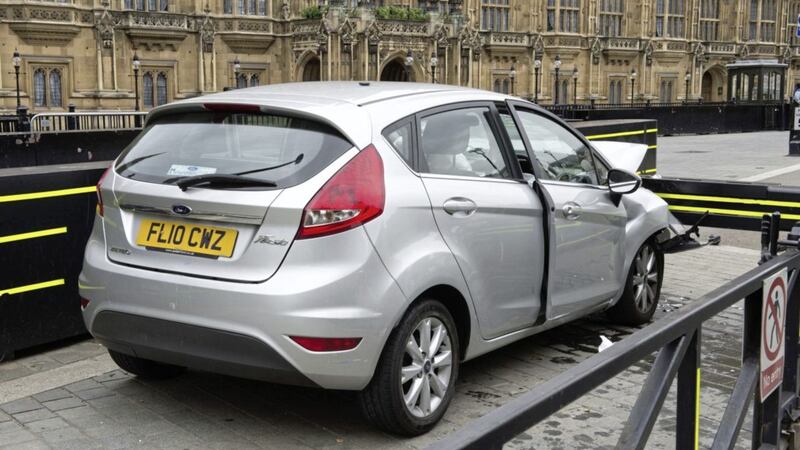 The silver Ford Fiesta after it crashed outside the Houses of Parliament in a suspected terror attack. Picture by Metropolitan Police, Press Association 