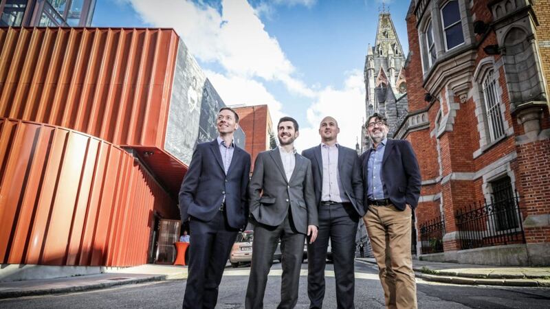 Pictured at the announcement of PropertyBridges.com&#39;s latest financial partnership with Lagan Investments are Michael Browne (Enterprise Ireland), John Lagan (Lagan Investments), David Jelly (PropertyBridges.com chief executive) and Carl Power (NDRC). Photo: Conor McCabe Photography 