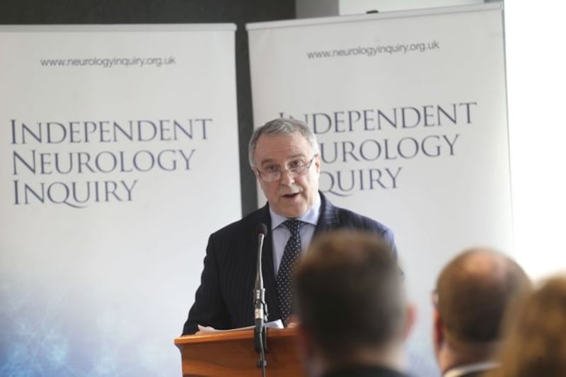 Chairperson Brett Lockhart QC at the launch of the Indpendent Neurology report in Belfast today. Picture by Hugh Russell