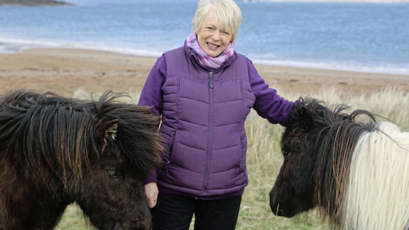 Alison Steadman posing up a storm with some Shetland ponies 