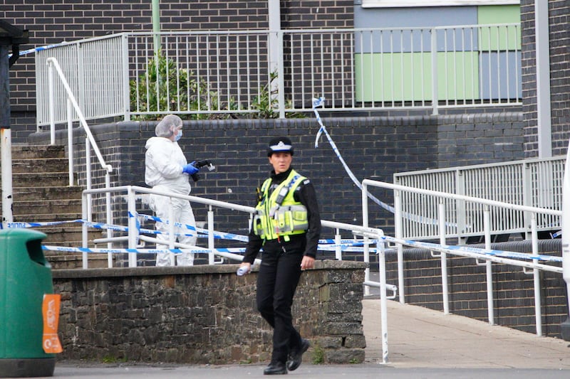 Police and forensic investigators at Amman Valley School, in Ammanford, Carmarthenshire. Picture date: Wednesday April 24, 2024.