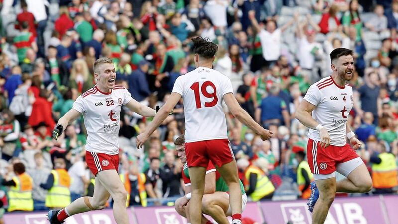 Tyrone celebrate at the end of the GAA Football All-Ireland Senior Championship final between Tyrone and Mayo at Croke Park. Pic Philip Walsh. 