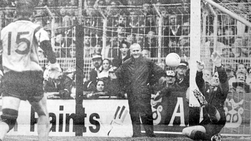 Neil Collins saves a Charlie Redmond penalty during Down&#39;s 1994 All-Ireland final win over Dublin. Collins was an outstanding stopper but was unfortunate never to win an Allstar. 