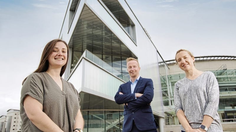 Invent 2021 winner Sian Farrell from Stim OxyGen at the ICC Belfast with Niall Devlin, Bank of Ireland UK and Fiona Bennington from Catalyst. Picture by Brian Morrison. 