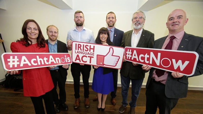 Alliance&#39;s Paula Bradshaw, Green leader Steven Agnew, People Before Profit&#39;s Gerry Carroll, SDLP MLA Nicola Mallon and Sinn F&eacute;in president Gerry Adams join Conradh na Gaeilge&#39;s Niall Comer and Ciaran Mac Giolla Bhein during an event in support of an Irish language act. Picture by Mal McCann 