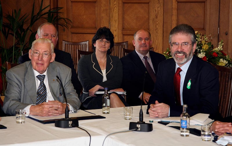 File photo dated 26/3/2007 of the Reverend Ian Paisley (left) and Sinn F&eacute;in President Gerry Adams speak to the media during a press conference at the Stormont Assembly building in Belfast&nbsp;