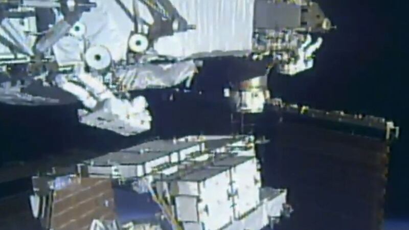 Christina Koch and Andrew Morgan were working to remove a pair of old batteries and install a new one delivered to the space station just a week ago.