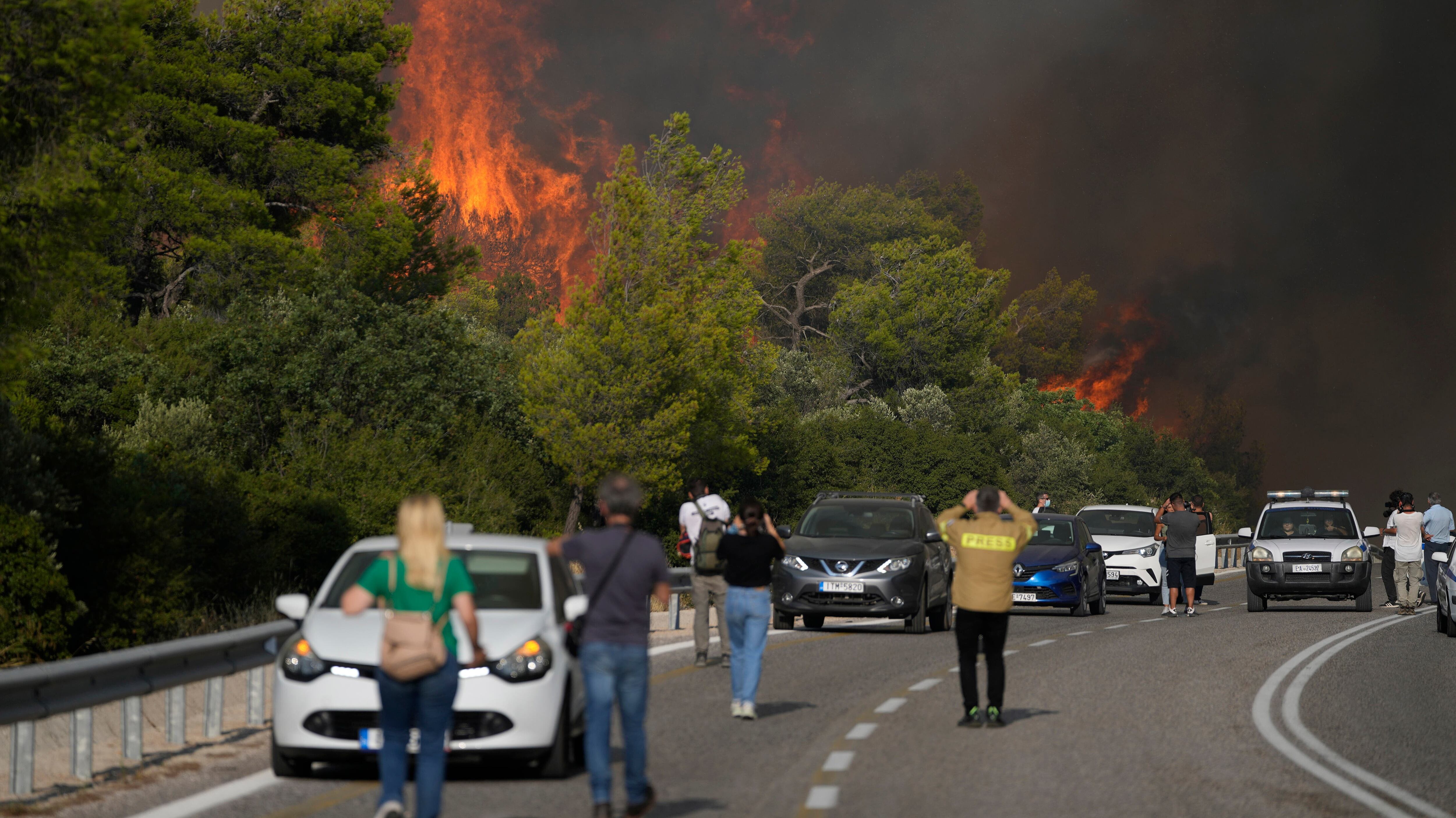 A fire burns trees next to a road near the village of Agia Sotira, near Athens (Thanassis Stavrakis/AP)