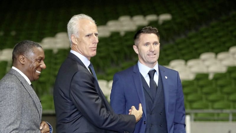 New Republic of Ireland manager Mick McCarthy (centre) with new assistant coaches Terry Connor (left) and Robbie Keane following a press conference at The Aviva Stadium, Dublin on Sunday. 