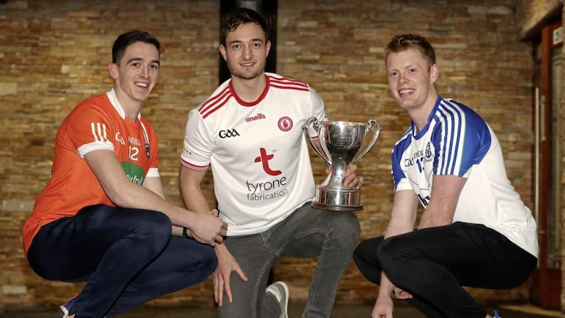Tyrone and The Moy star Harry Loughran (centre) pictured with Armagh&#39;s Rory Grugan and Ryan McAnespie (Monaghan) 