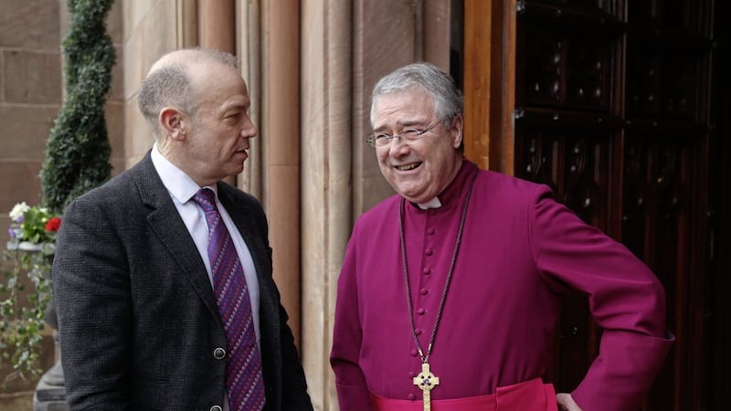 Church of Ireland Archbishop of Armagh John McDowell with secretary of state Chris Heaton-Harris ahead of a service to prepare for the coronation of King Charles III. Picture by Liam McBurney/PA Wire 