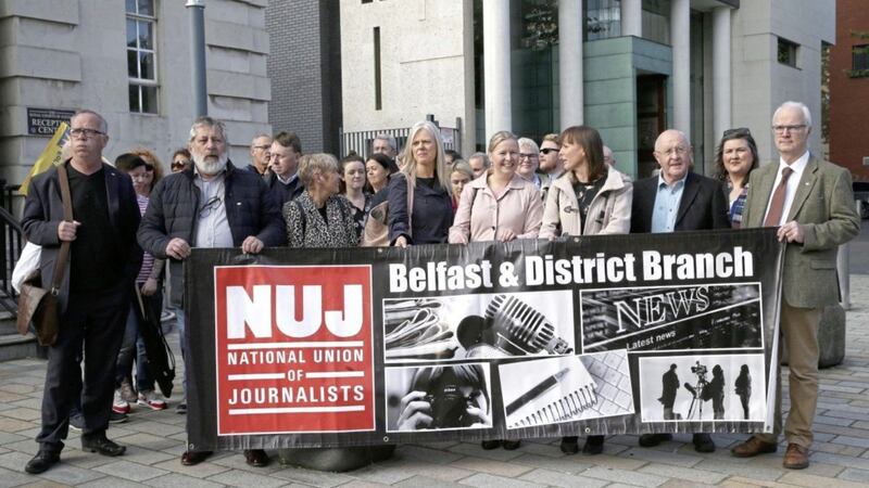 NUJ members protest outside the High Court in Belfast Picture by Hugh Russell. 