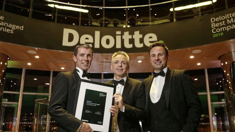 Pictured at the Deloitte Best Managed Company awards are: Don Mullholland, finance director of FP McCann; Deloitte Partner, Glenn Roberts; and James Sinton, finance director of Beannchor Group 