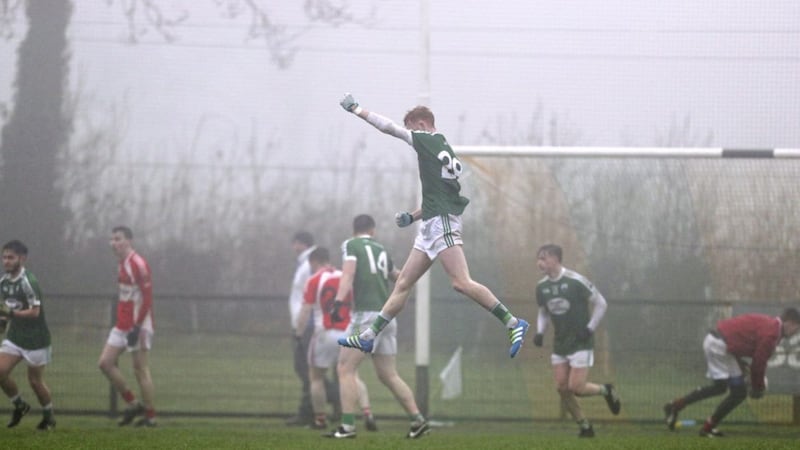 Gweedore&#39;s Ethan Harkin punches the air in celebration after his goal sealed the win over Monaghan champions Donaghmoyne Fontenoys in the quarter-final of the Bank of Ireland Paddy McLarnon Memorial Under 21 Football tournament at Creggan. Picture by John McIlwaine. 