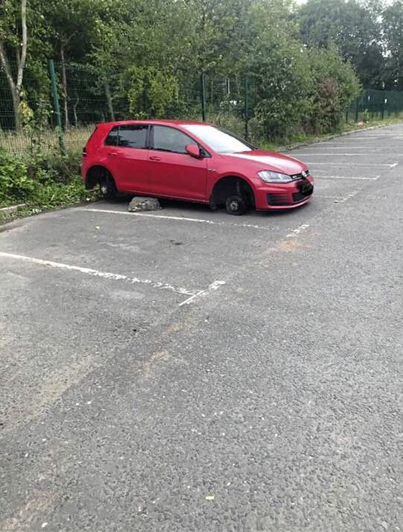 The Southern Health &amp; Social Care Trust is &quot;reviewing security arrangements&quot; at Craigavon Area Hospital after four wheels were stolen off a nurse&#39;s car parked at the site while they worked a shift 