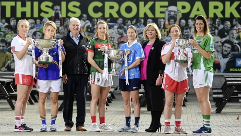 Pictured at the media day ahead of Sunday's ladies' football finals are, from left, Tyrone's Neamh Woods , Tipperary's Samantha Lambert, Alan Esslemont, Director General, TG4, Mayo's Sarah Tierney, Dublin's Sinead Aherne, President of the Ladies Gaelic Football Association Maire Hickey, Derry's C&aacute;it Glass and Fermanagh's &Aacute;ine McGovern