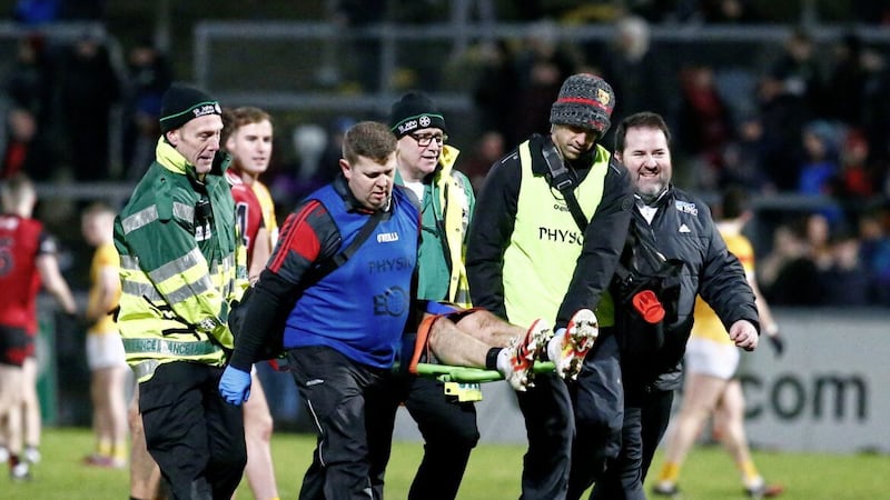 Down&#39;s Harry O&#39;Hagan is stretchered off at Pairc Esler last Saturday night. Picture: Philip Walsh. 