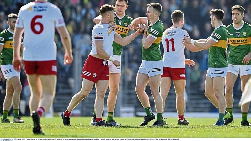 Conor Meyler of Tyrone tussles with Tom O&rsquo;Sullivan of Kerry during the Allianz Football League Division One at Fitzgerald Stadium in Killarney 					Picture: Brendan Moran/Sportsfile 