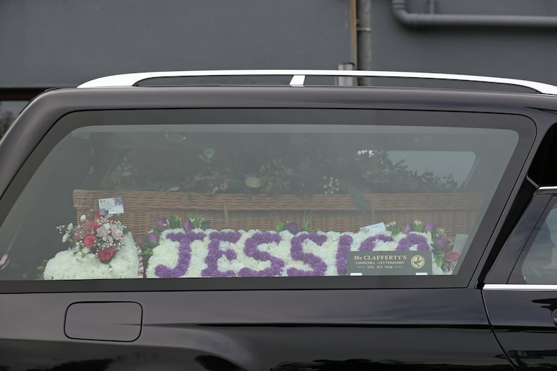 The hearse carrying Jessica Gallagher, 24, arrives at St Michael's Church, Creeslough, for her funeral mass. Jessica died following an explosion at Applegreen service station in the village of Creeslough in Co Donegal on Friday.