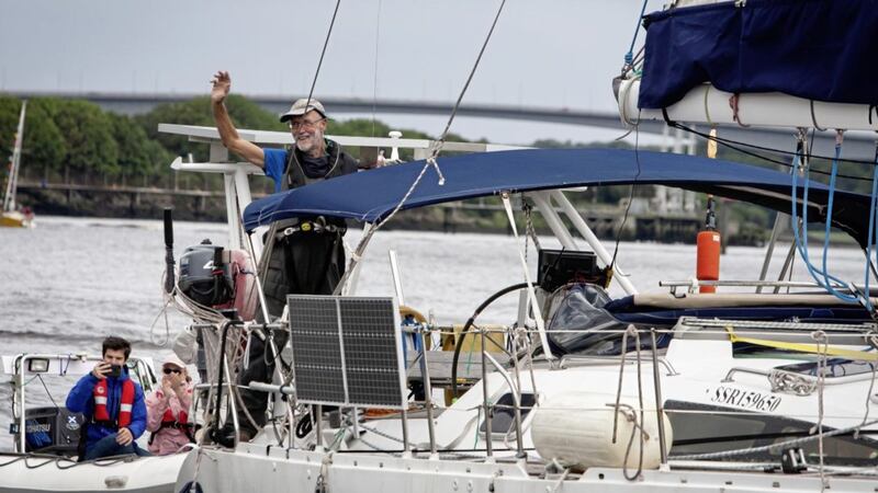 Derry sailor Garry Crothers waves to family and friends as he completes his 37-day transatlantic voyage. Picture by Jim McCafferty Photography 