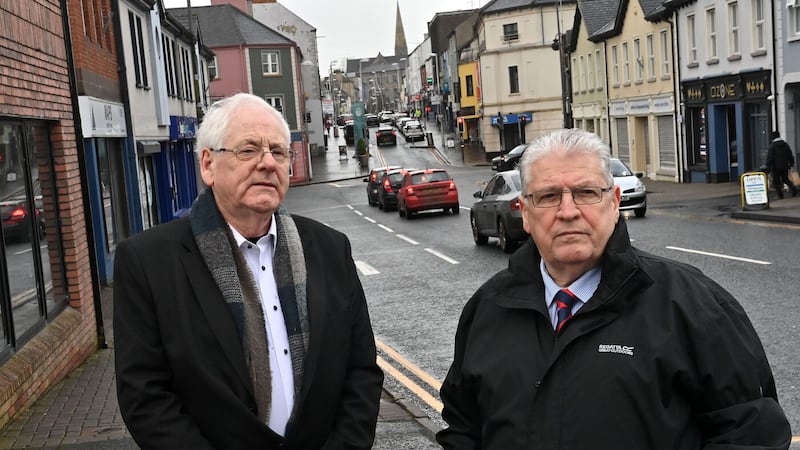 Omagh bomb campaigners Michael Gallagher (left) and Stanley McCombe on Campsie Street, Omagh, close to the site of the 1998 bombing. Picture by Oliver McVeigh/PA Wire