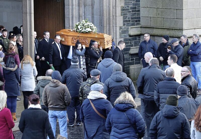 The remains of Derry murder victim Eddie Meenan are carried from St Eugene's Cathedral in Derry on Saturday. He was murdered just yards away two weeks ago. Picture by Margaret McLaughlin&nbsp;