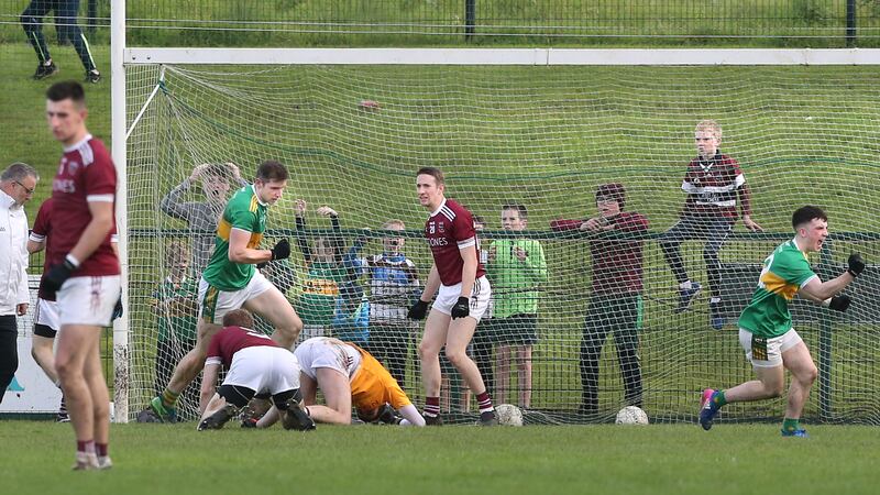 Glen's Emmett Bradley (on left) after scoring a goal against Slaughtneil in 2019. That semi-final victory wasn't translated into the ultimate success but it was the day people sat up and took real notice of the Wattys. Picture: Margaret McLaughlin