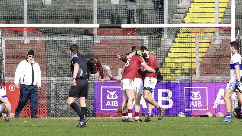 11/02/2017: Robert Emmet&#39;s Slaughtneil players celebrate on the final whistle as Diarmuid Connolly of St Vincent&#39;s Dublin makes his way to congratulate  them during the All Ireland Club SFC semi-final match at Newry. Picture Margaret McLaughlin 
