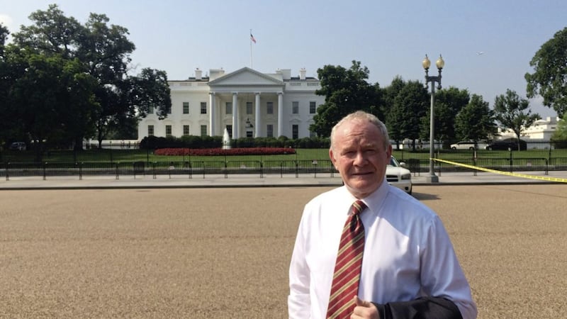 Martin McGuinness outside the White House during a trip to brief the US administration on the north&#39;s political situation in 2015 