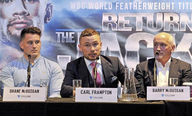 Carl Frampton with trainer Shane McGuigan and manager Barry McGuigan at yesterday&#39;s press conference in Belfast. Picture by Justin Kernoghan/Photopress 