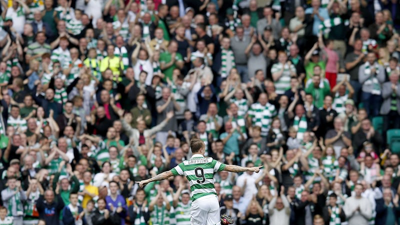 Celtic's Leigh Griffiths celebrates scoring his sides first goal during the Ladbrokes Scottish Premiership match at Celtic Park&nbsp;