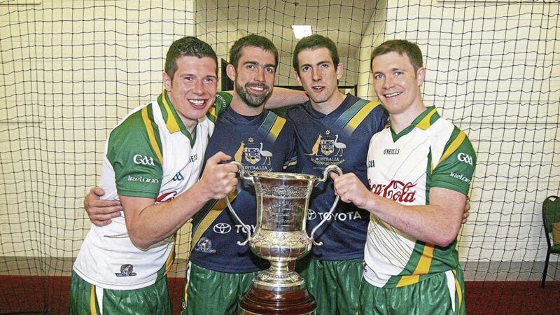 Tyrone players Sean Cavanagh, Joe and Justin McMahon and Enda McGinley after winning the Cormac McAnallen Cup with Ireland in 2008 Picture by INPHO/Cathal Noonan 