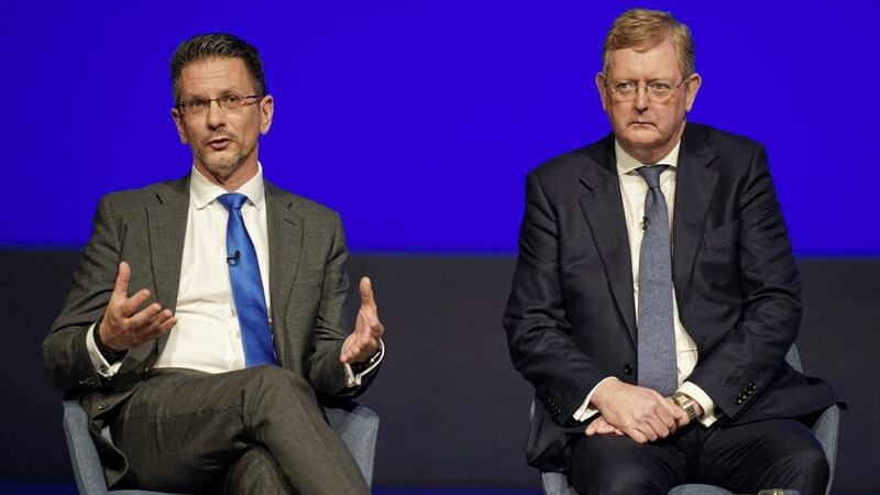 Steve Baker (left) and Northern Ireland Office colleague Lord Caine speaking at the Conservative Party conference on Sunday. Picture by Jacob King/PA Wire 