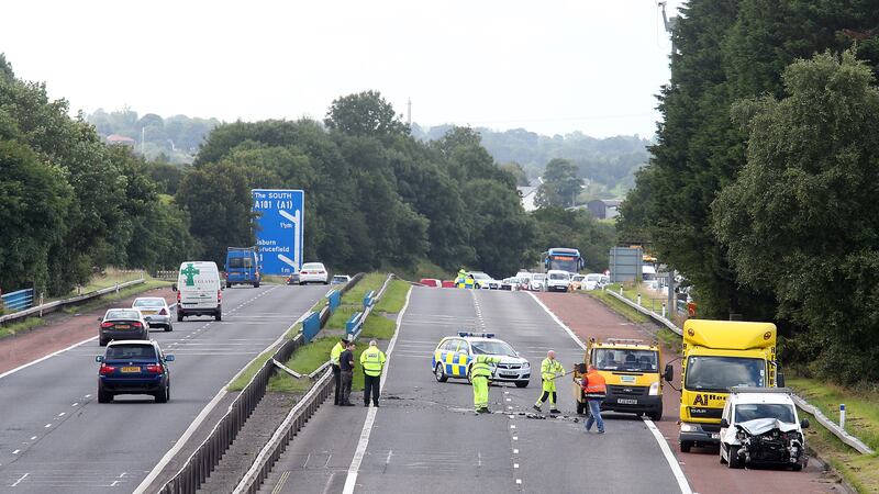 The build up of traffic can be seen on the M1 following a four-vehicle accident. Picture by Mal McCann