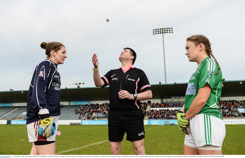 Mary Kate Killilea of Annaghdown and Louise Kenny of Shane O'Neills with referee Stephen McNulty during the toss ahead of the All Ireland Ladies Football Intermediate Club Championship Final 2016 match between Annaghdown and Shane O’Neills at Parnell Park in Dublin. Picture: Sam Barnes/Sportsfile