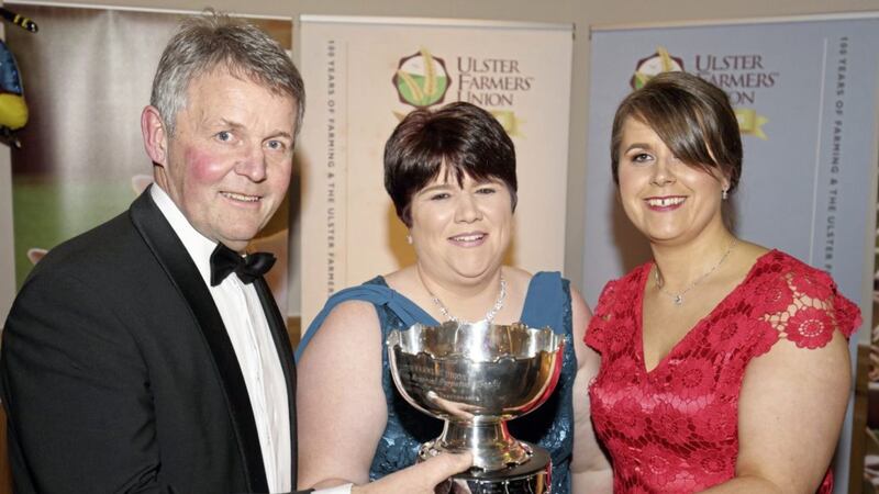 The UFU South Tyrone Group was awarded the Mary Wilson Trophy for the best overall UFU group performance in 2017. Pictured accepting the trophy is Denise Kelso and Alison Donaldson with Barclay Bell, UFU President. Picture by Cliff Donaldson 