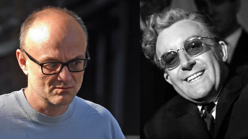 Downing Street senior adviser Dominic Cummings, left, and Peter Sellers in the title role of Stanley Kubrick's 1964 Cold War satire Dr Strangelove &nbsp;
