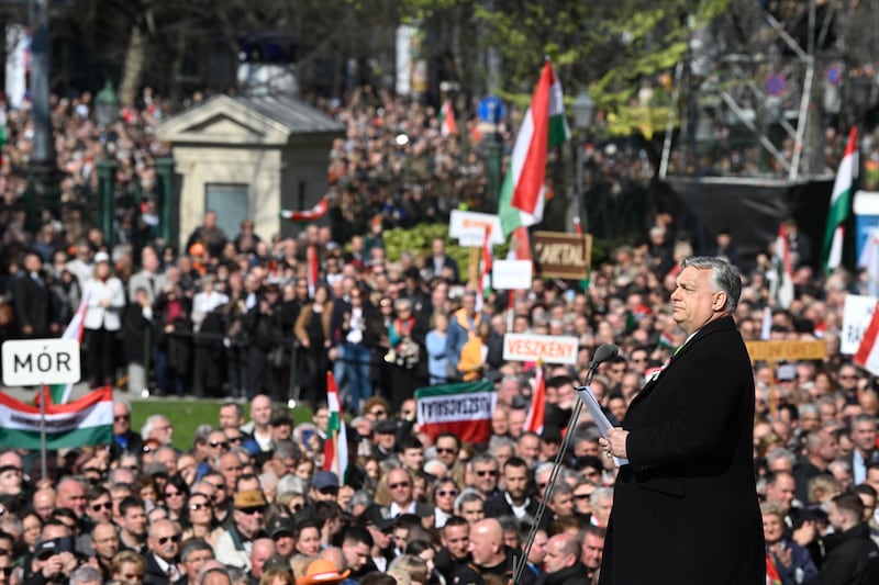 Crowds gathered to hear Viktor Orban deliver his speech (Szilard Koszticsak/MTI via AP)