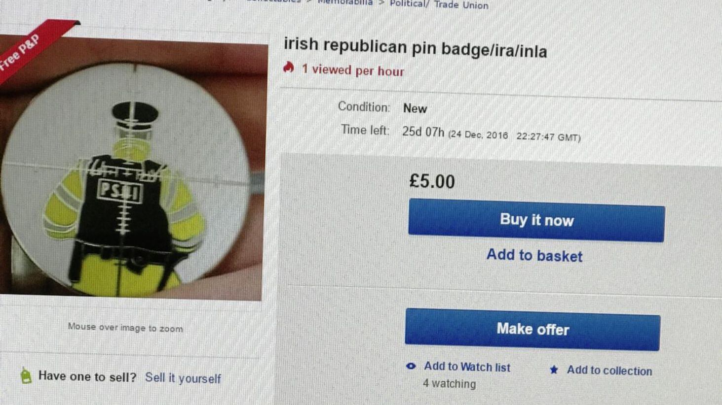A badge for sale on eBay featuring a PSNI officers in gun crosshairs. The item has now been removed from sale.